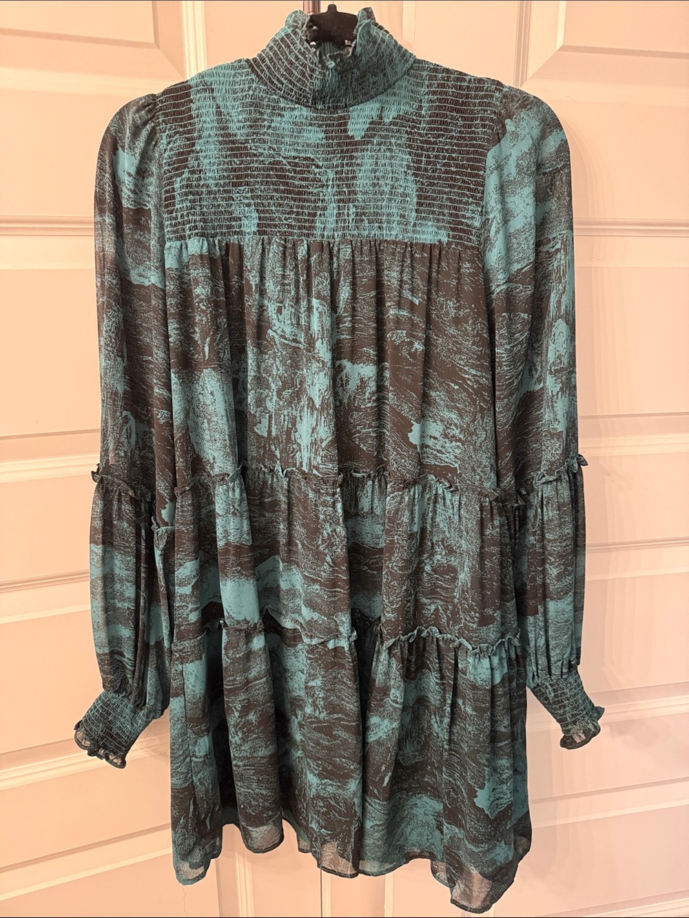 Elan Teal and Black Long-Sleeve Tiered Smocked Dress